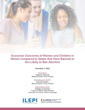 Cover of the report "THE ECONOMIC OUTCOMES OF WOMEN AND CHILDREN IN ILLINOIS COMPARED TO STATES THAT HAVE BANNED OR ARE LIKELY TO BAN ABORTION" shows a semi-transparent image of three women looking downwards at something unseen. They are mid-conversation.